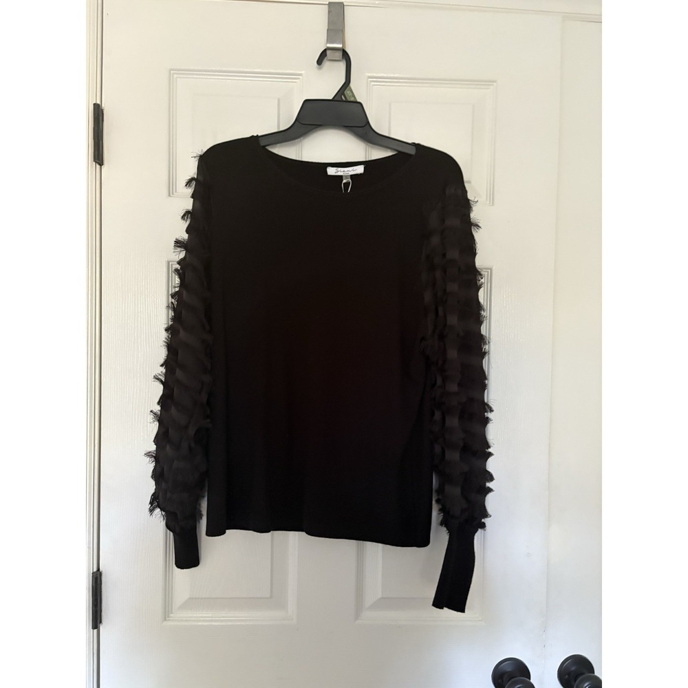 NWT Siani Milano Black Top‎ With Tassel Fringe Sheer Detailed Sleeves Size L